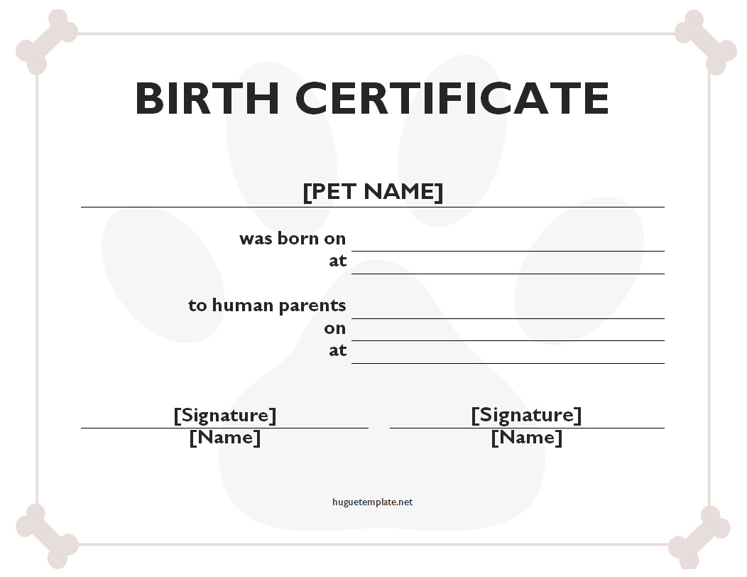 Pet birth certificate template with spaces for pet's name, birthdate, and owner details