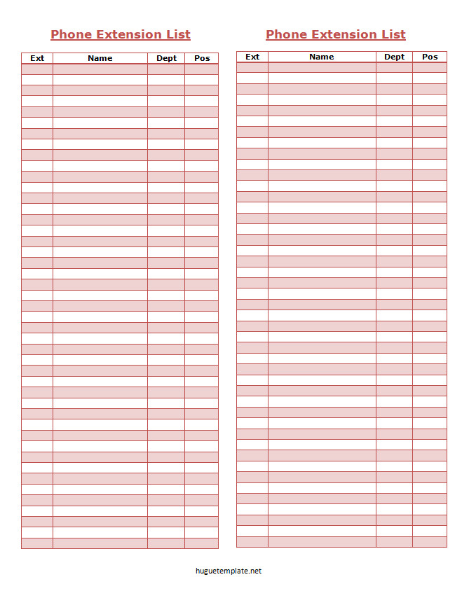 Phone extension list template with columns for names, departments, and extension numbers.