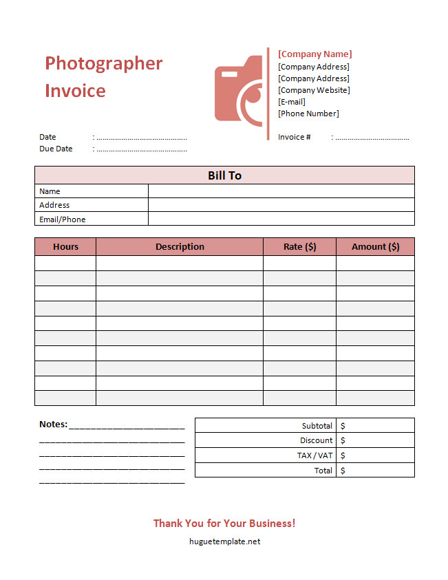 Photographer invoice template with sections for client details, photography services, and total amount due.