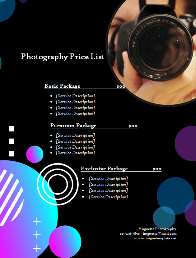 Photography price list template with sections for different photography packages, services, and pricing details.