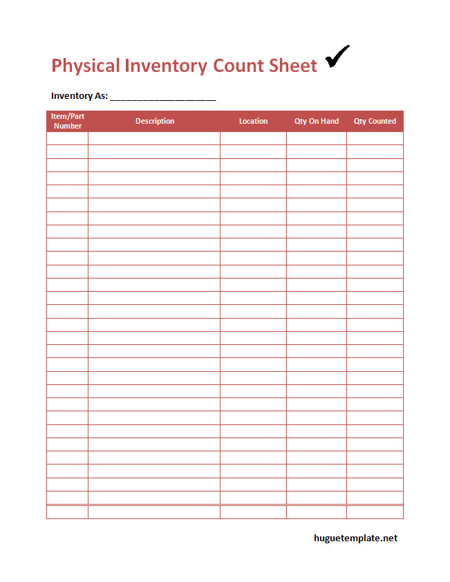 Physical inventory count sheet template with sections for item descriptions, quantities, and locations.