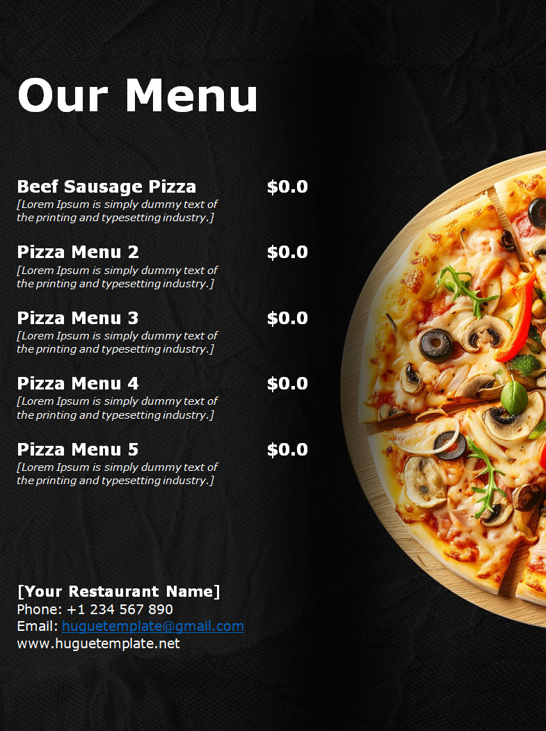 Editable Pizza Menu Template with Prices and Pizza Descriptions