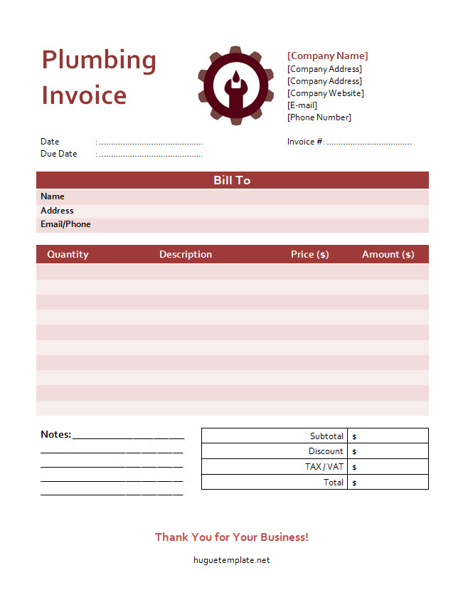 Plumbing Invoice Template Layout with Fields for Service Descriptions and Total Amount Due