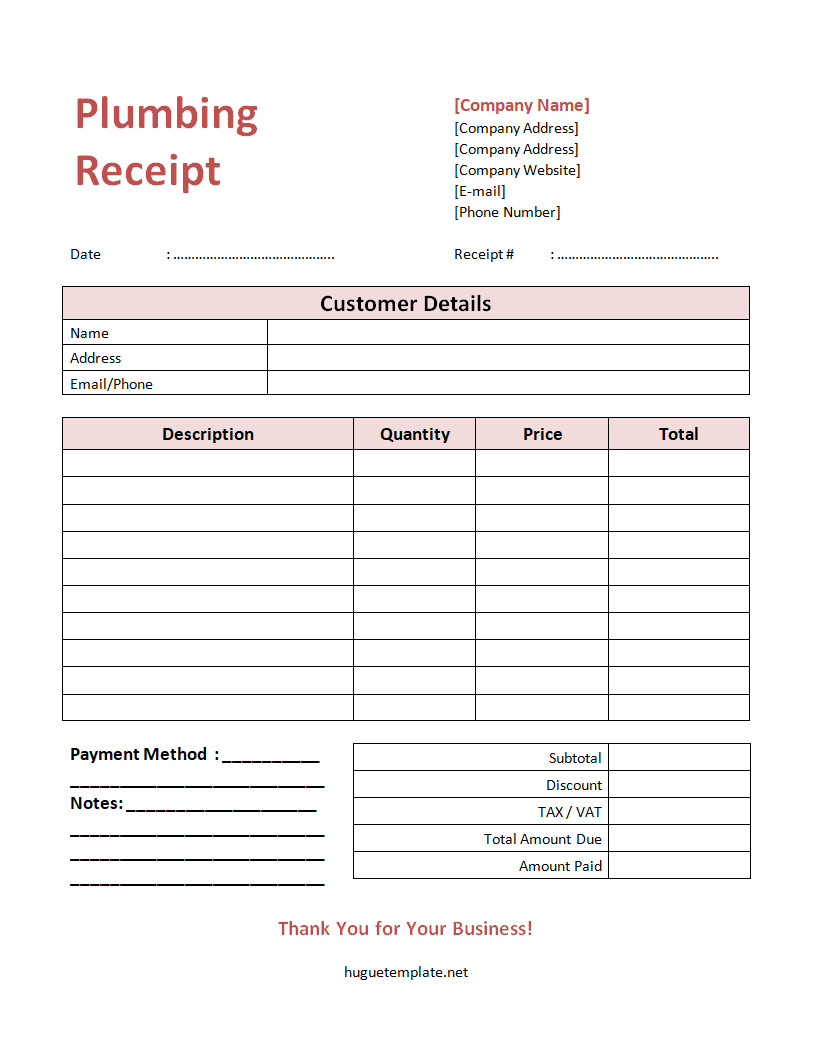 Professional plumbing receipt template featuring a clean layout with sections for customer information, service description, and itemized charges for labor and materials.