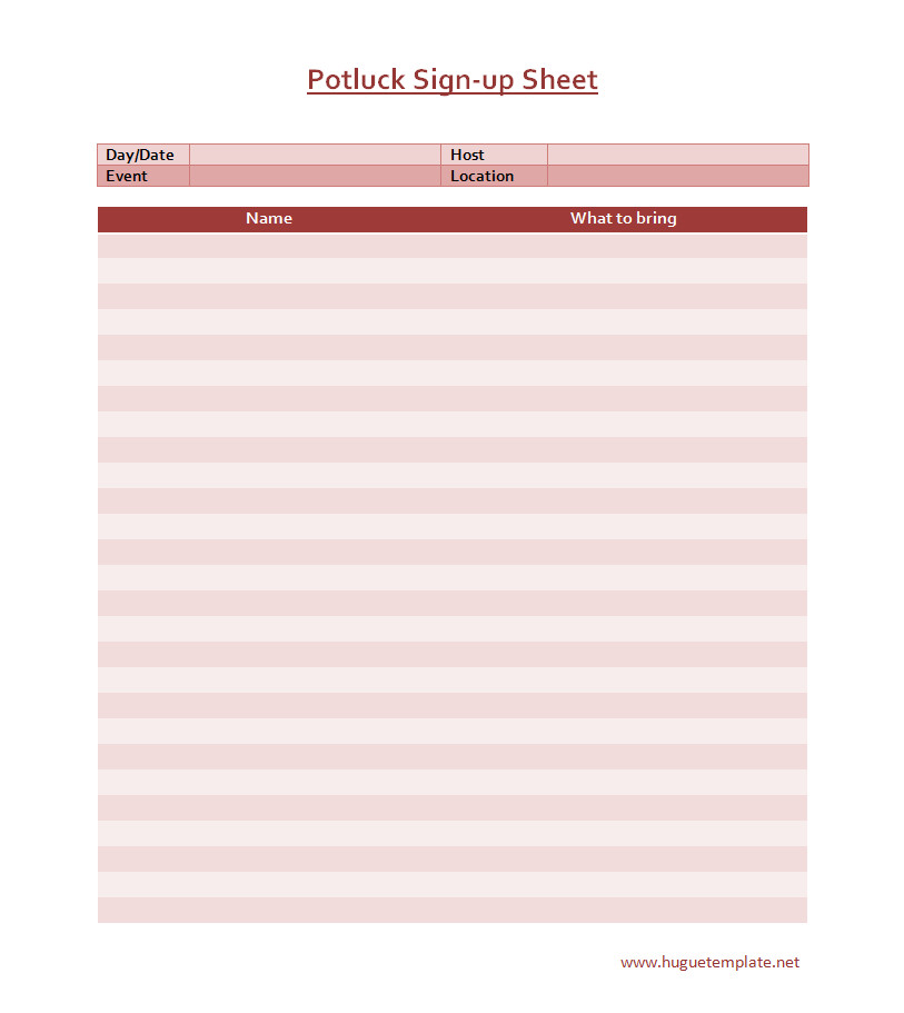 Potluck Sign-up Sheet Template with Sections for Dish Names and Contributor Details