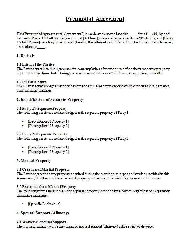 Sample Prenuptial Agreement Template Featuring Fields for Defining Financial Arrangements, Property Distribution, and Terms of Agreement