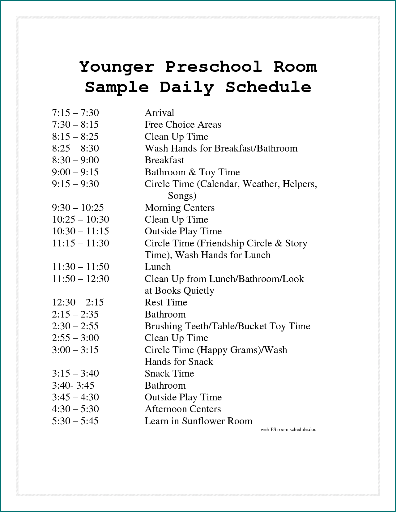 Preschool Daily Schedule Template Example