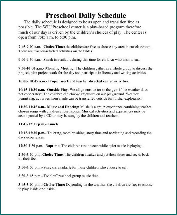 Preschool Daily Schedule Template Sample