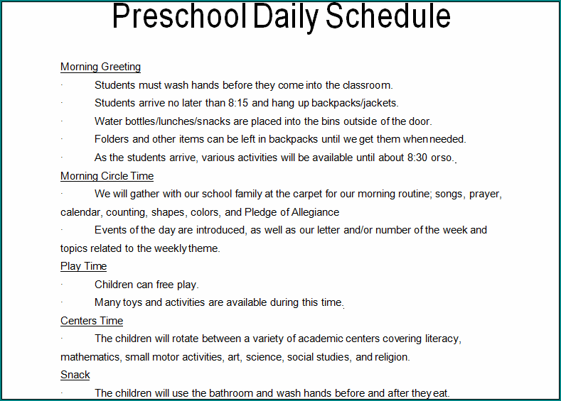 Preschool Daily Schedule Template