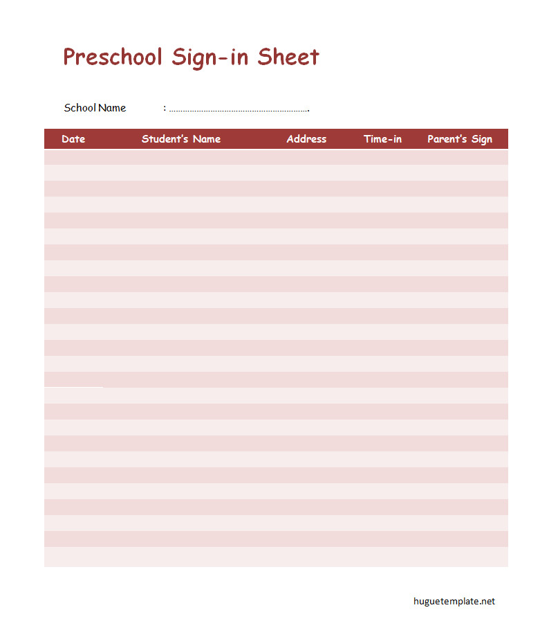 Sample Preschool Sign-In Sheet Template Featuring Fields for Tracking Daily Attendance, Pickup Authorization, and Notes