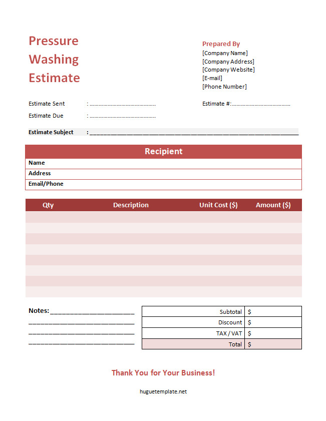 Pressure Washing Estimate Template with Sections for Client Information, Service Details, and Cost Breakdown