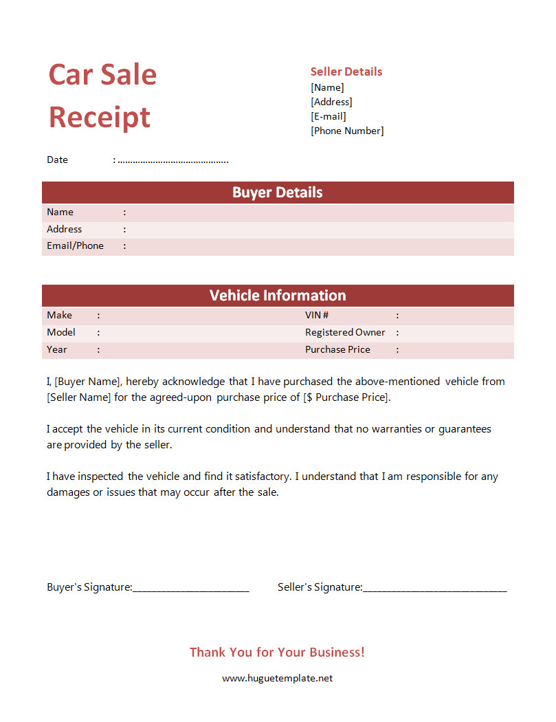 Organized private car sale receipt template with clearly defined areas for make, model, VIN number, sale price, and signatures from both parties.