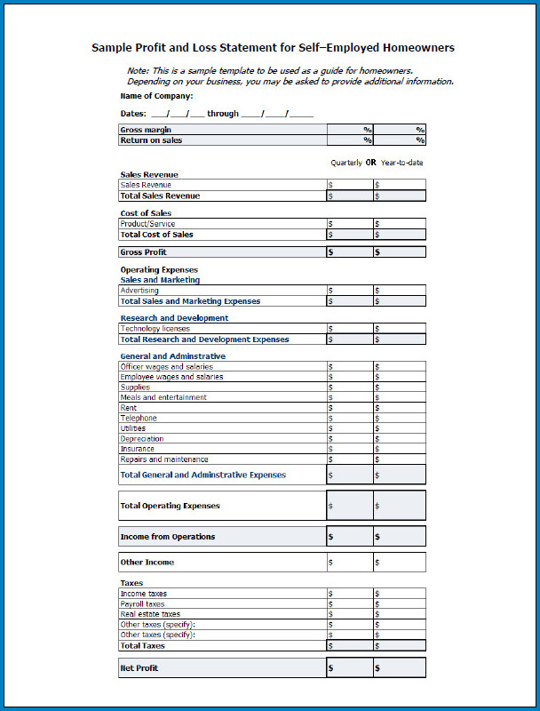 Profit And Loss Statement Template For Self Employed