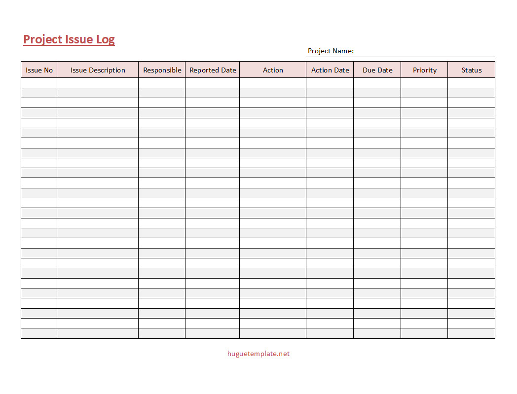 Detailed Project Issue Log Template with columns for issue description, status, assigned person, and resolution date