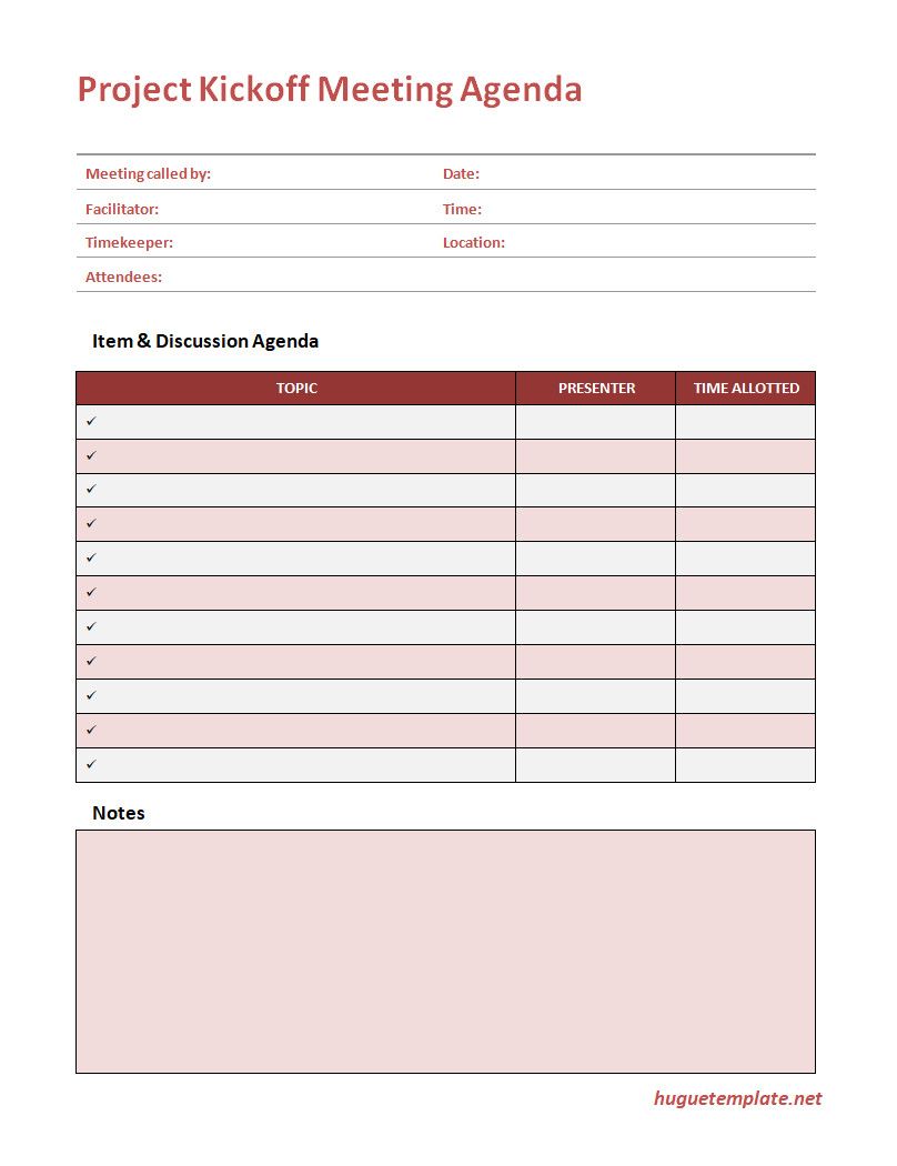 Sample Project Kickoff Meeting Agenda Template Featuring Fields for Outlining Agenda Items, Key Discussion Points, and Action Items