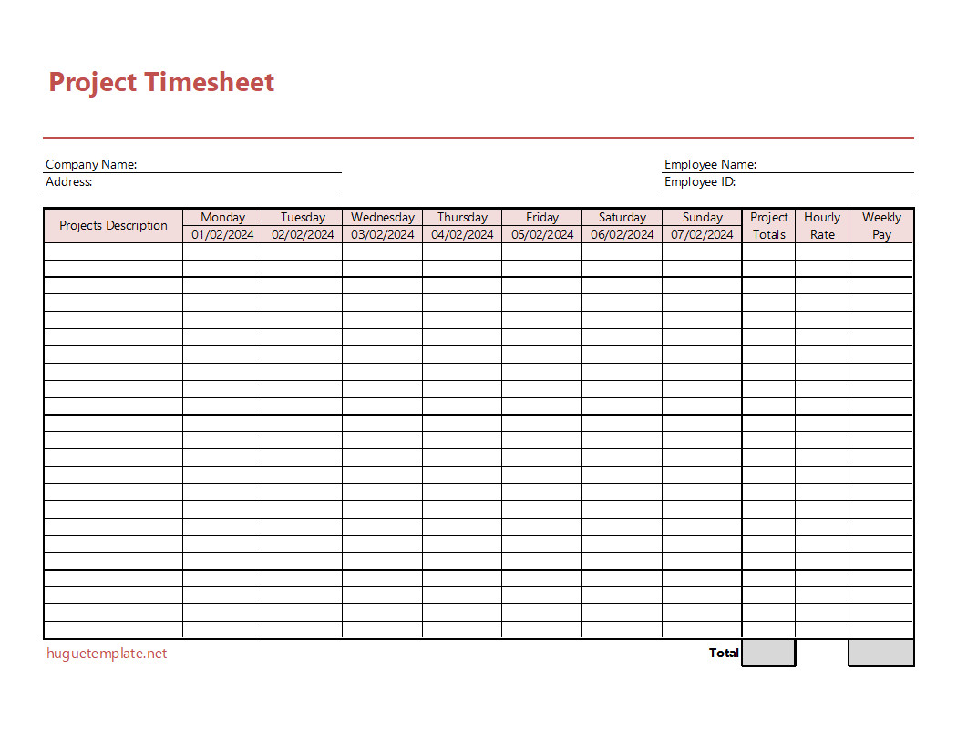 A project timesheet template with sections for employee names, project titles, task descriptions, hours worked each day, and total hours for the week.