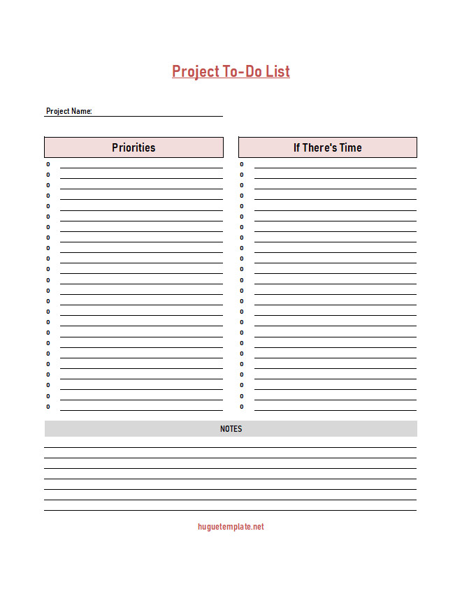 Organized project to-do list template with fields for project phases, individual tasks, priority levels, and progress tracking.