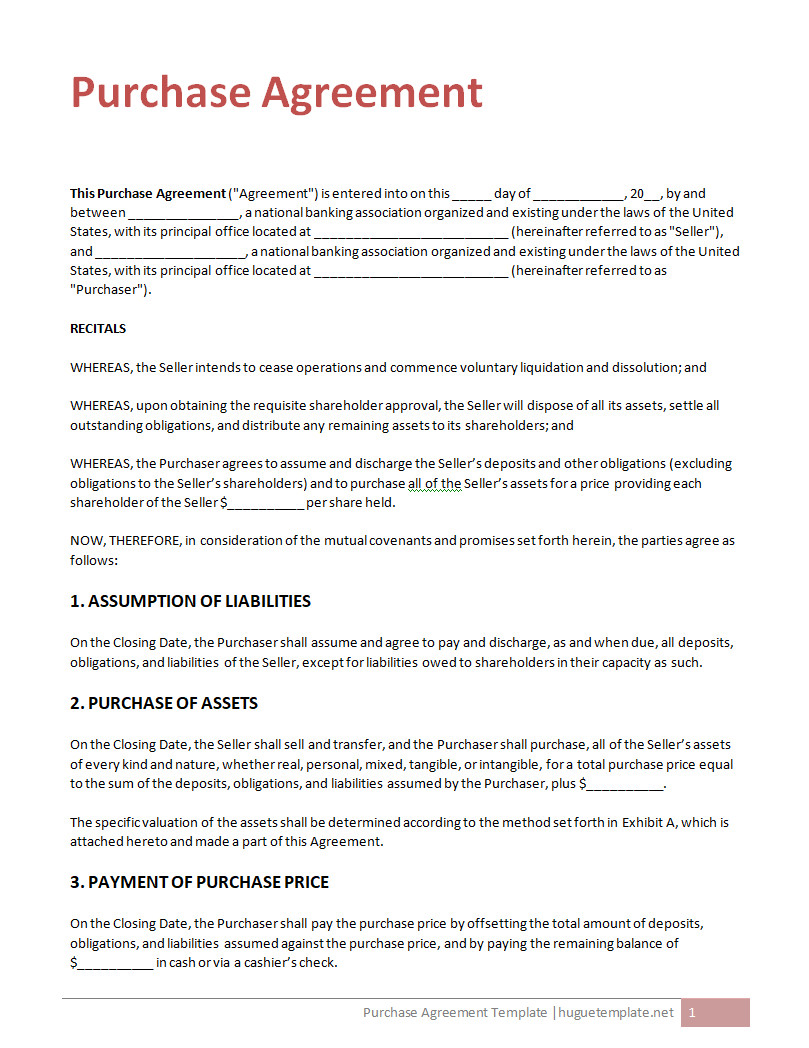 Editable Purchase Agreement Template with Spaces for Recording Agreement Dates, Conditions, and Signatures