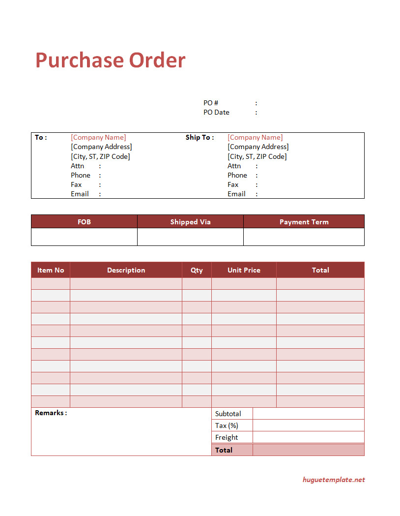 Purchase Order Template with Sections for Buyer Information, Order Details, Item Descriptions, and Total Cost