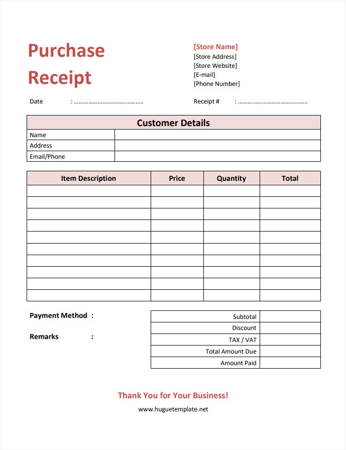 Editable purchase receipt template with space for indicating the quantity, price, and total amount for each item purchased.