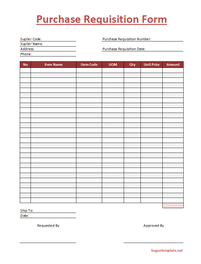 Purchase requisition form with sections for item description, quantity, and approval signatures.