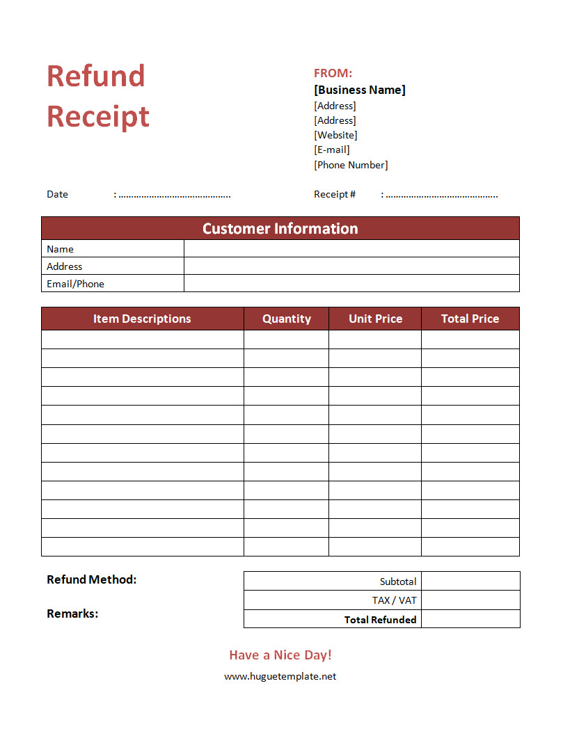 Professional refund receipt template featuring a clean layout with sections for customer information, original transaction details, and refund amount.