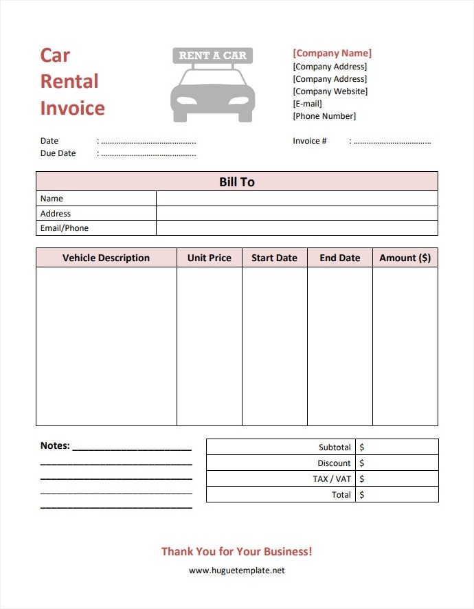 Sample Printable Blank Rent A Car Invoice Template in Word and PDF Format.