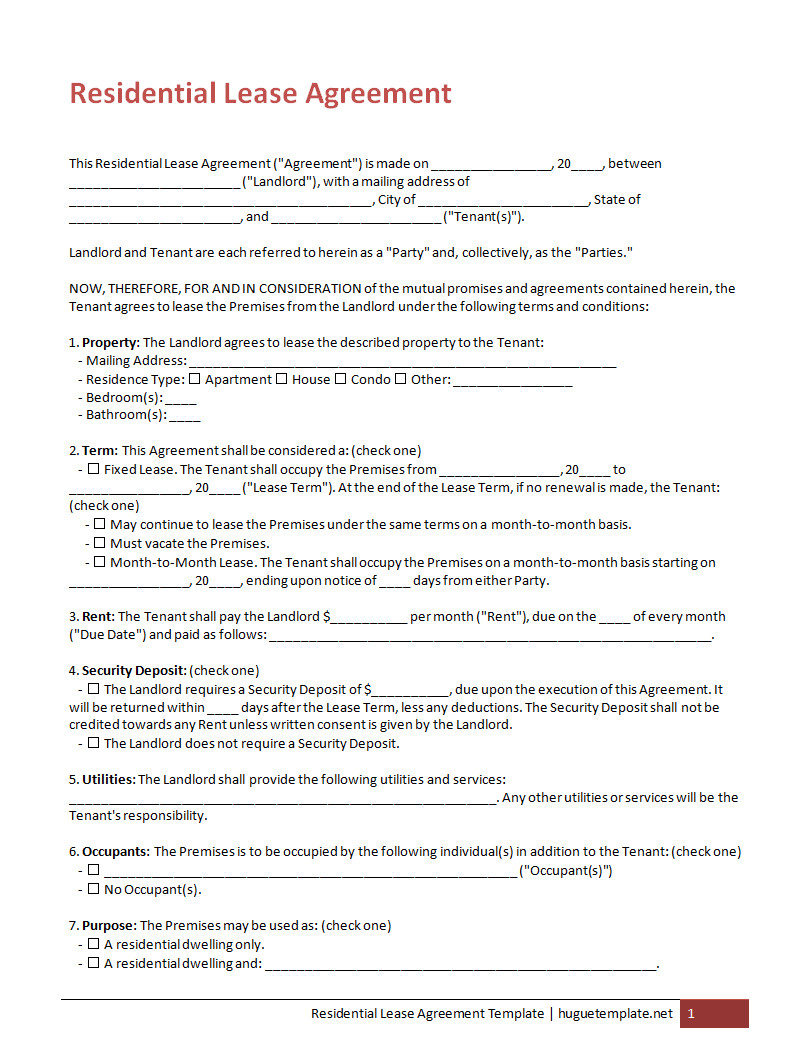 Residential Lease Agreement Template with Sections for Tenant and Landlord Information, Rental Terms, and Property Details