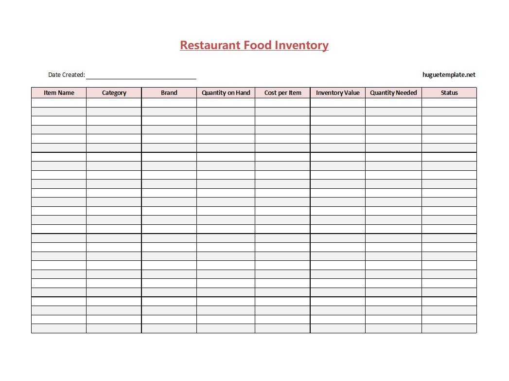 Printable restaurant food inventory template featuring categories for pantry, refrigerator, and freezer items