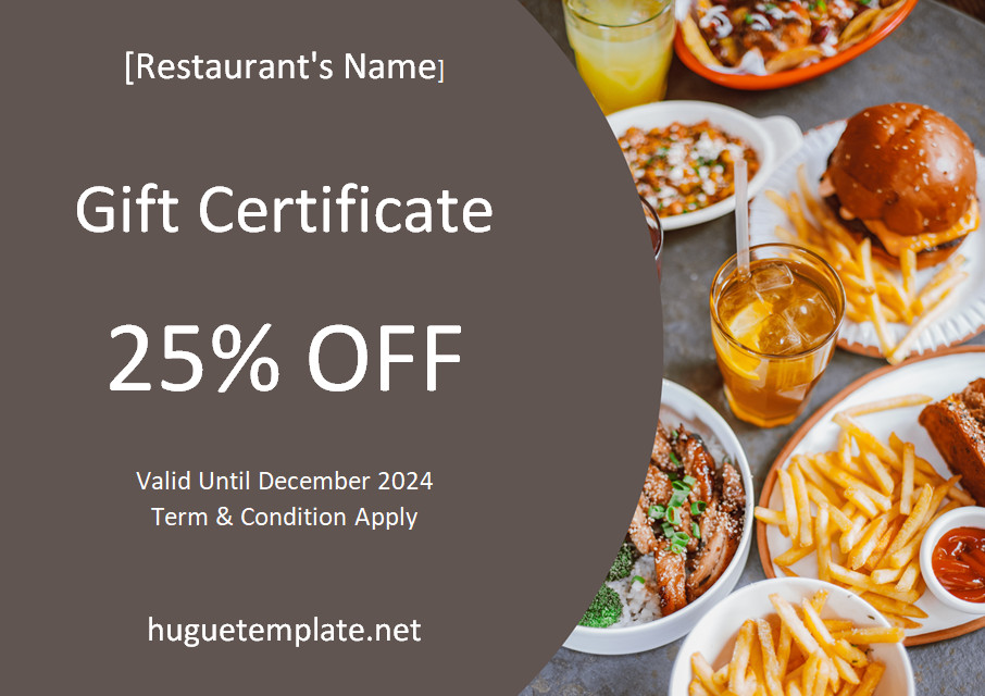 Sample Restaurant Gift Certificate Template Featuring Elegant Design and Fields for Custom Messages and Restaurant Details