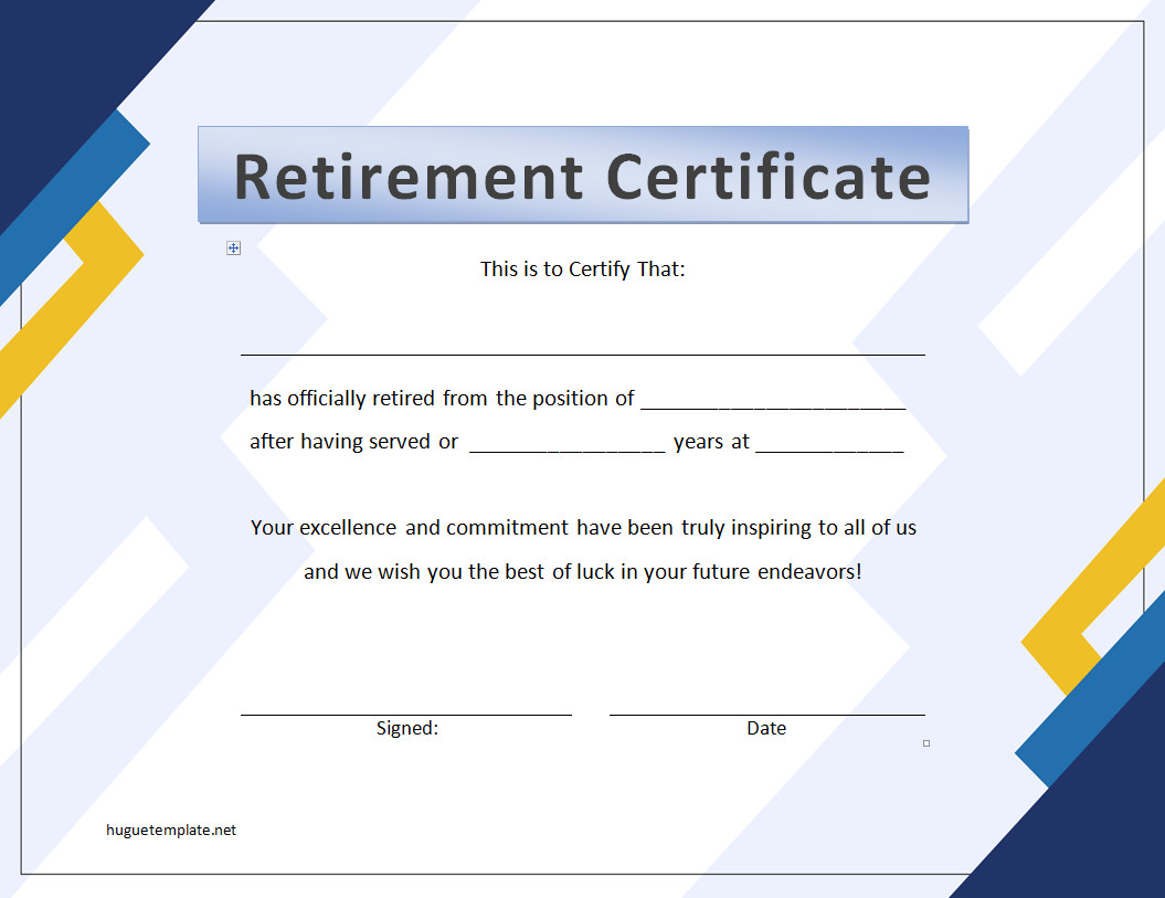 Retirement Certificate Template with Sections for Employee's Name, Retirement Date, and Company Signature