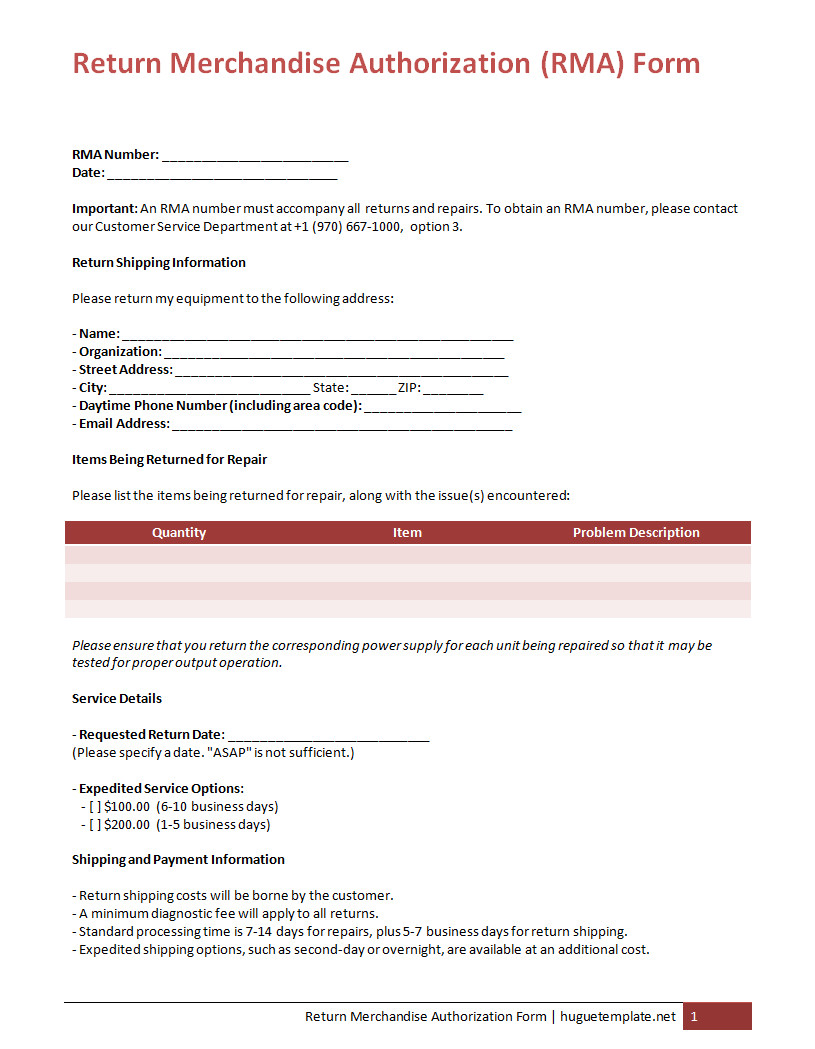 Return Merchandise Authorization Form Template with Sections for Customer Information, Item Details, and Return Reasons