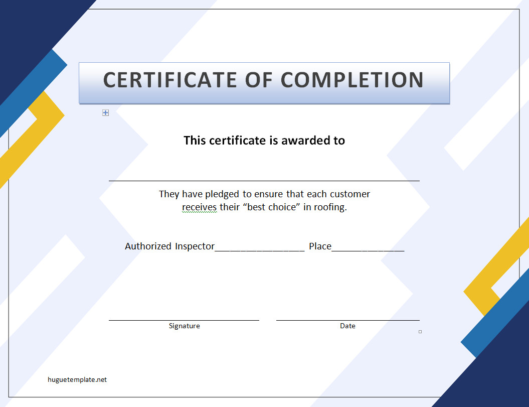 Roof Completion Certificate Template with Sections for Contractor Information, Completion Date, and Inspection Details