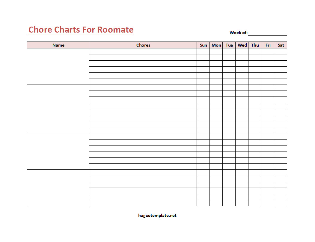 Organized roommate chore chart template with sections for weekly tasks and assigned roommates.