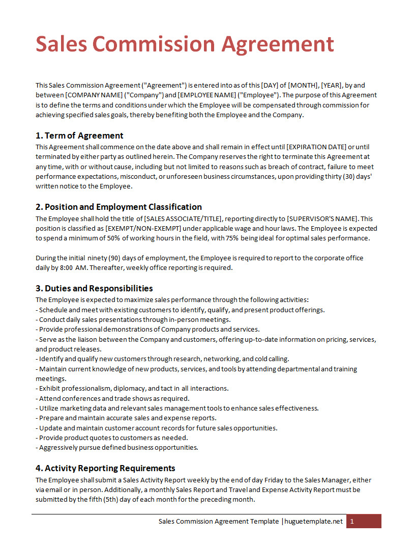 Sales Commission Agreement Template with Sections for Salesperson Details, Commission Rates, and Payment Terms