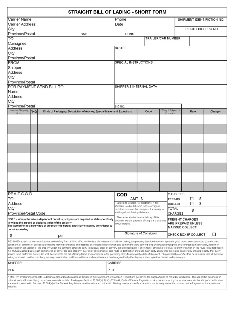 Sample of Bill of Lading Form