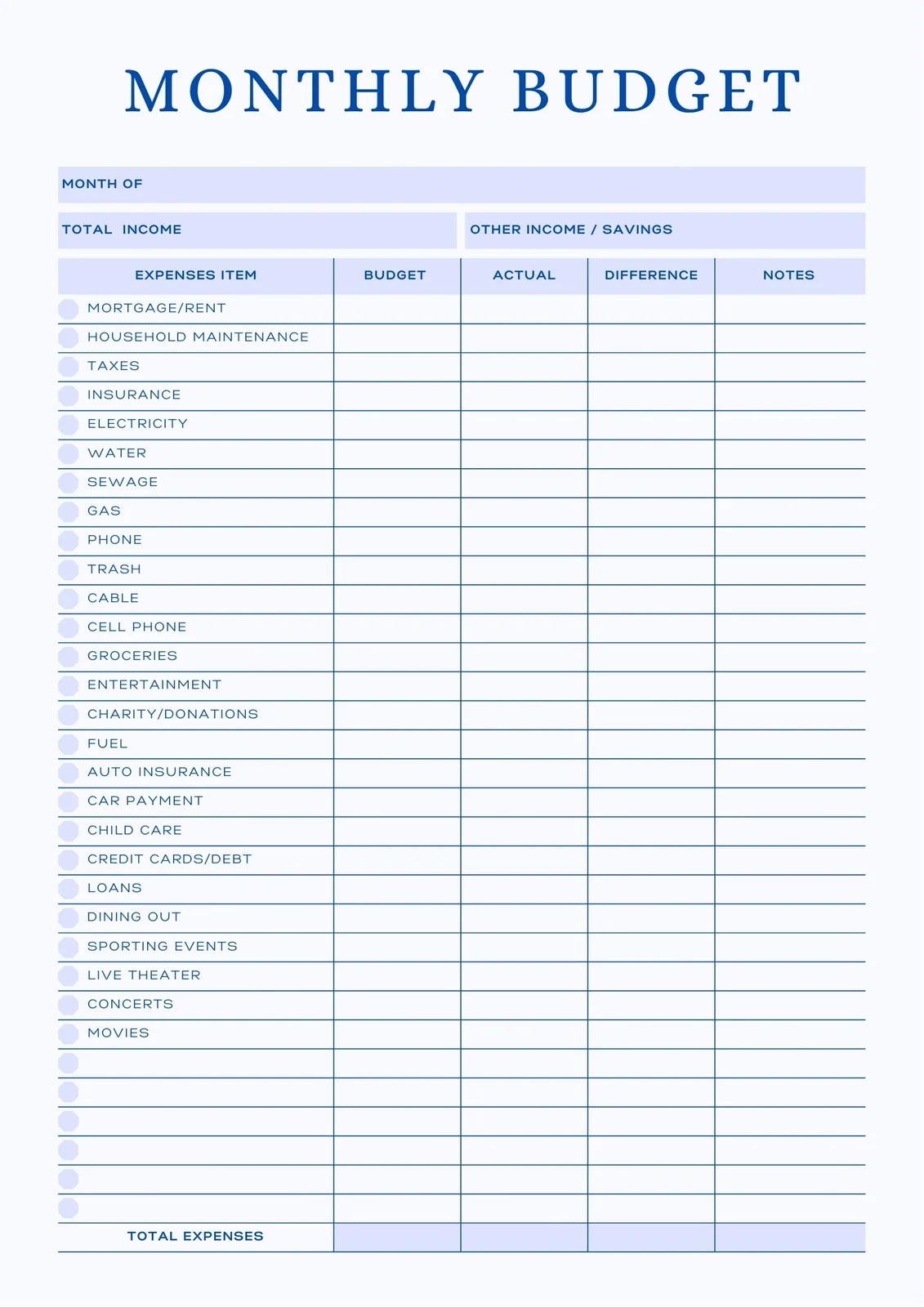 Sample of Family Budget Template