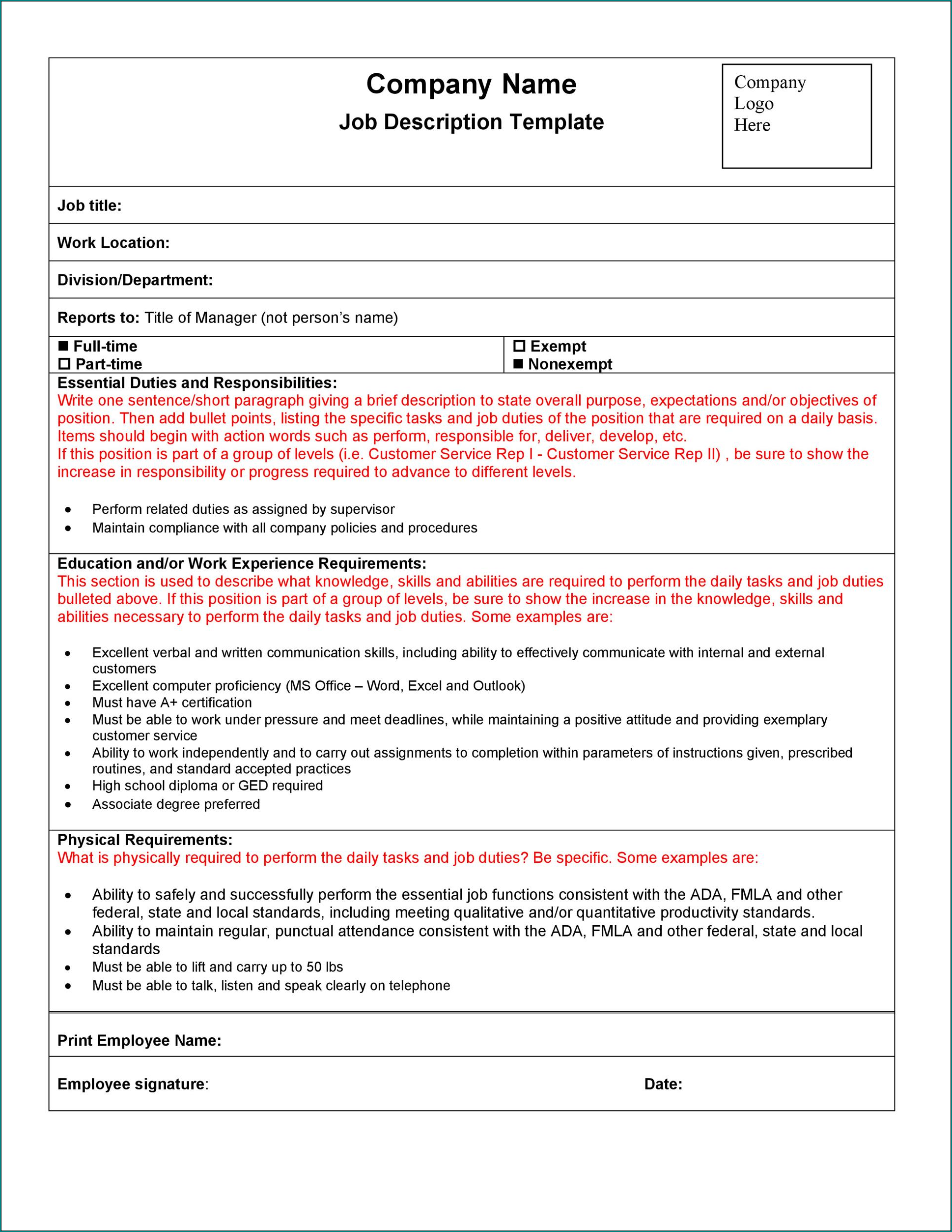 Sample of Job Description Template