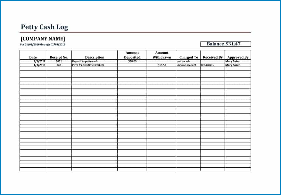 Sample of Petty Cash Log Template