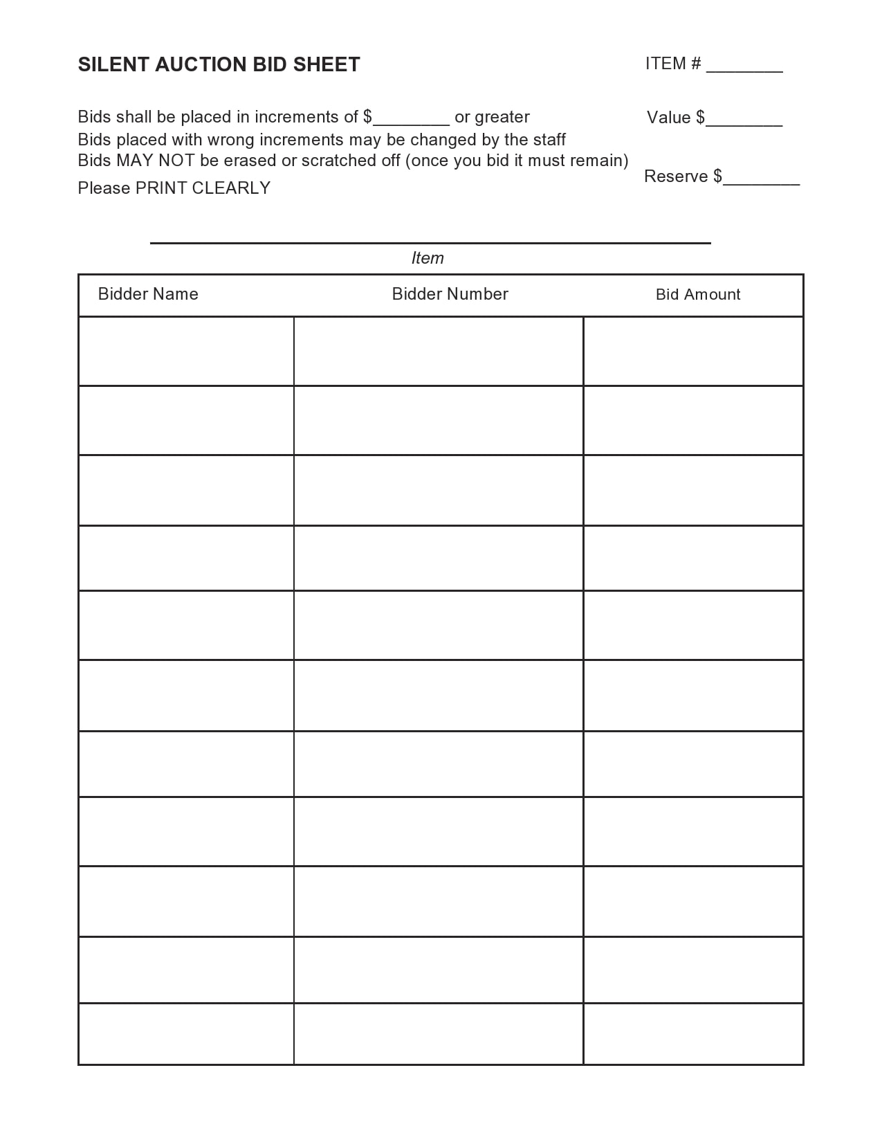 Sample of Silent Auction Template