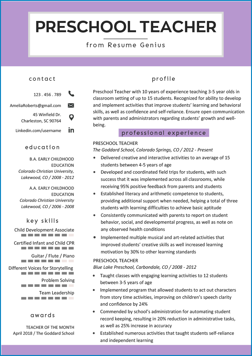 Sample of Teacher Resume Template