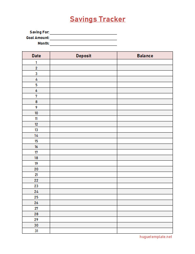 Detailed savings tracker template with sections for goal amount, monthly deposits, and progress visualization.