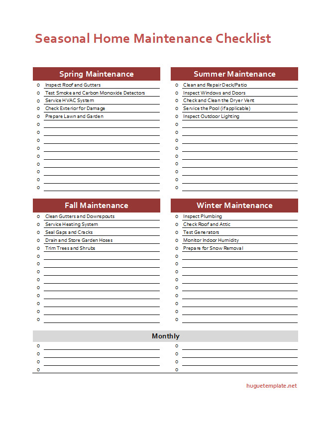 Seasonal home maintenance checklist template with sections for spring, summer, fall, and winter tasks