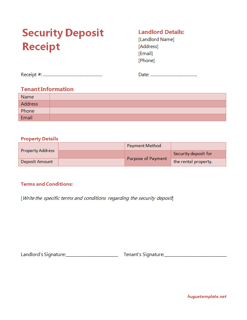 Professional security deposit receipt template featuring a clean layout with sections for tenant information, property details, and deposit amount received.