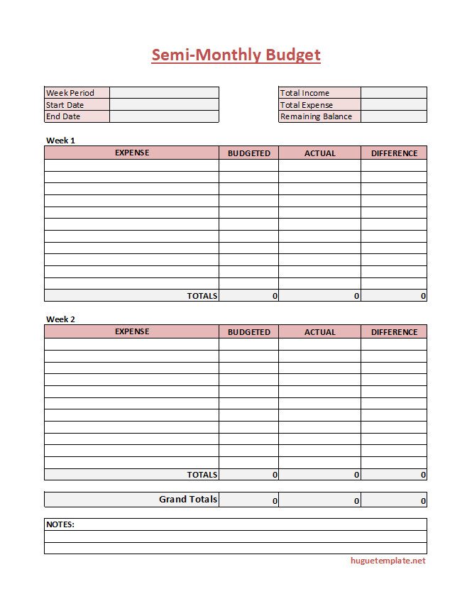 Semi-monthly Budget Template with sections for income sources, expenses, and savings goals