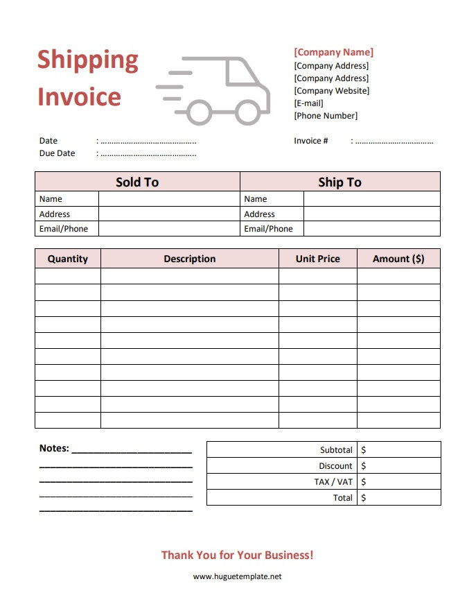 Professional shipping invoice template featuring company logo and payment breakdown