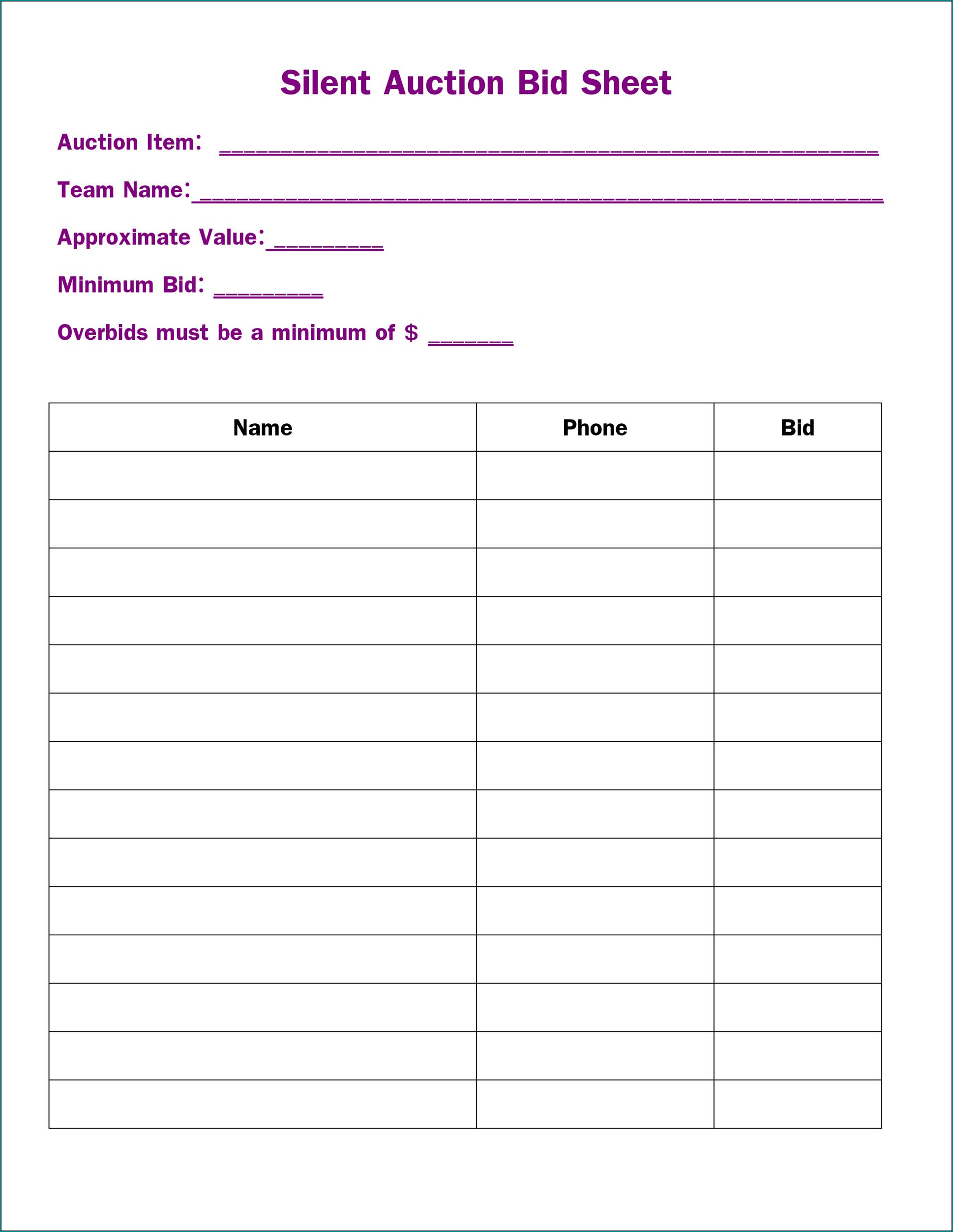 Silent Auction Bid Sheet Template Sample