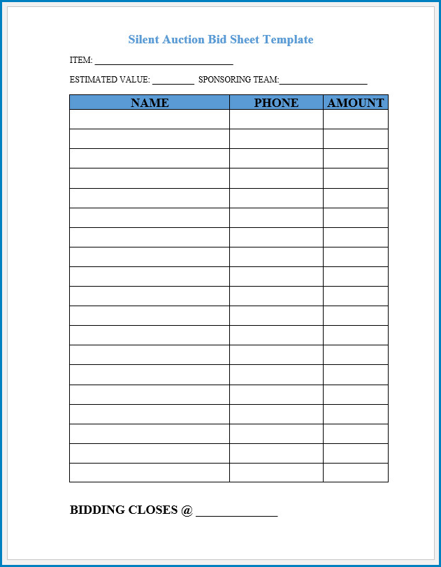 Silent Auction Bid Sheet Template