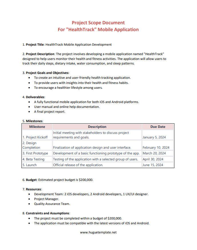 Customizable project scope template for defining project goals and requirements.