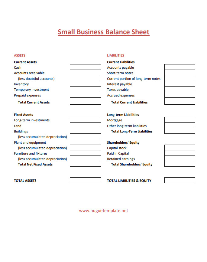 Small business balance sheet template with sections for assets, liabilities, and equity.